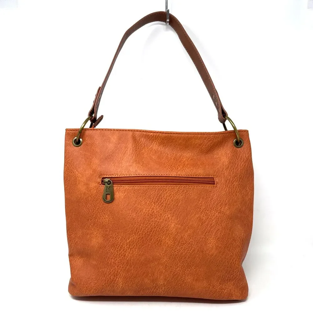 Montana West Hobo Tote Shoulder Bag Orange Brown Faux Leather Equestrian Lined